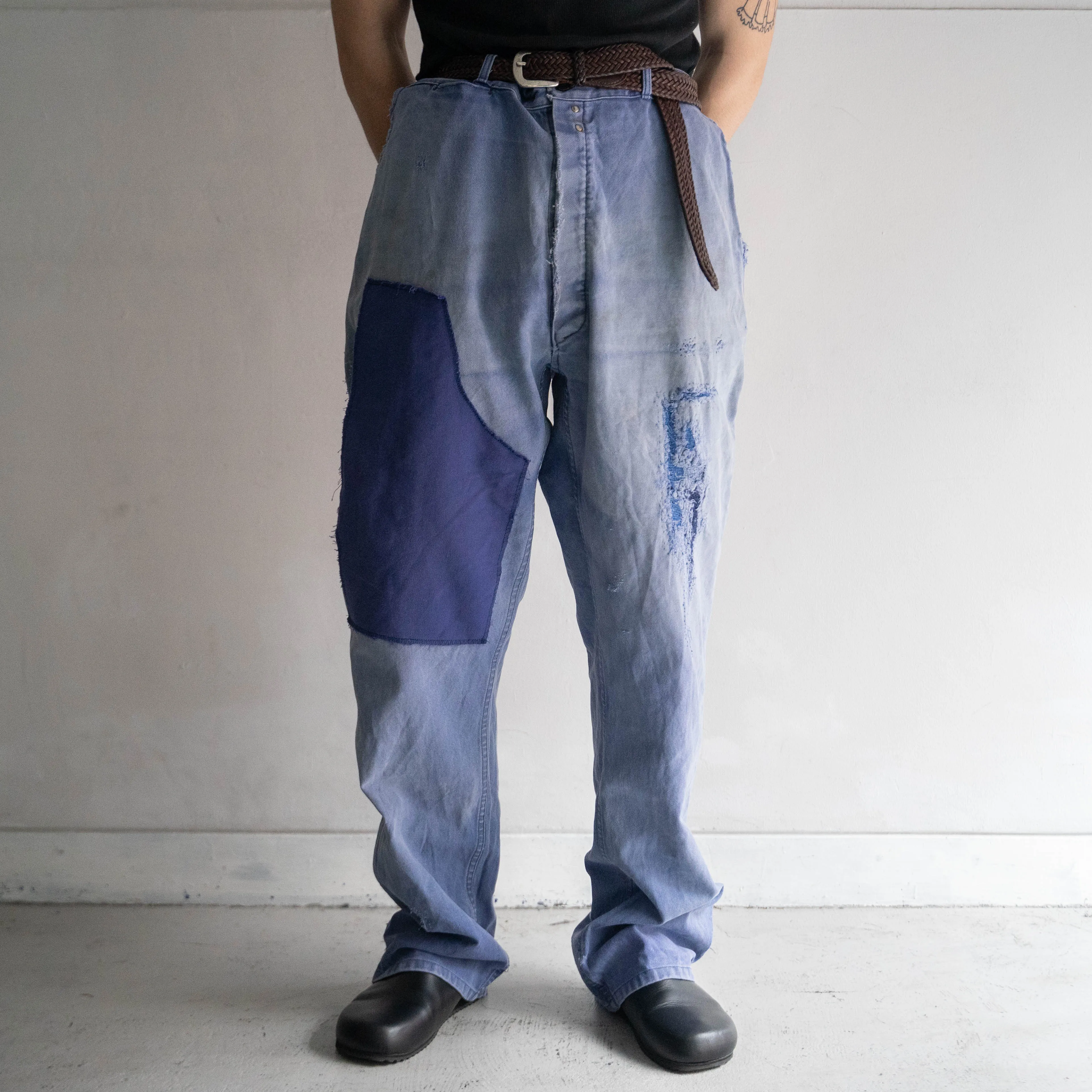 1950-60s French blue cotton twill pants -good fade & patch-