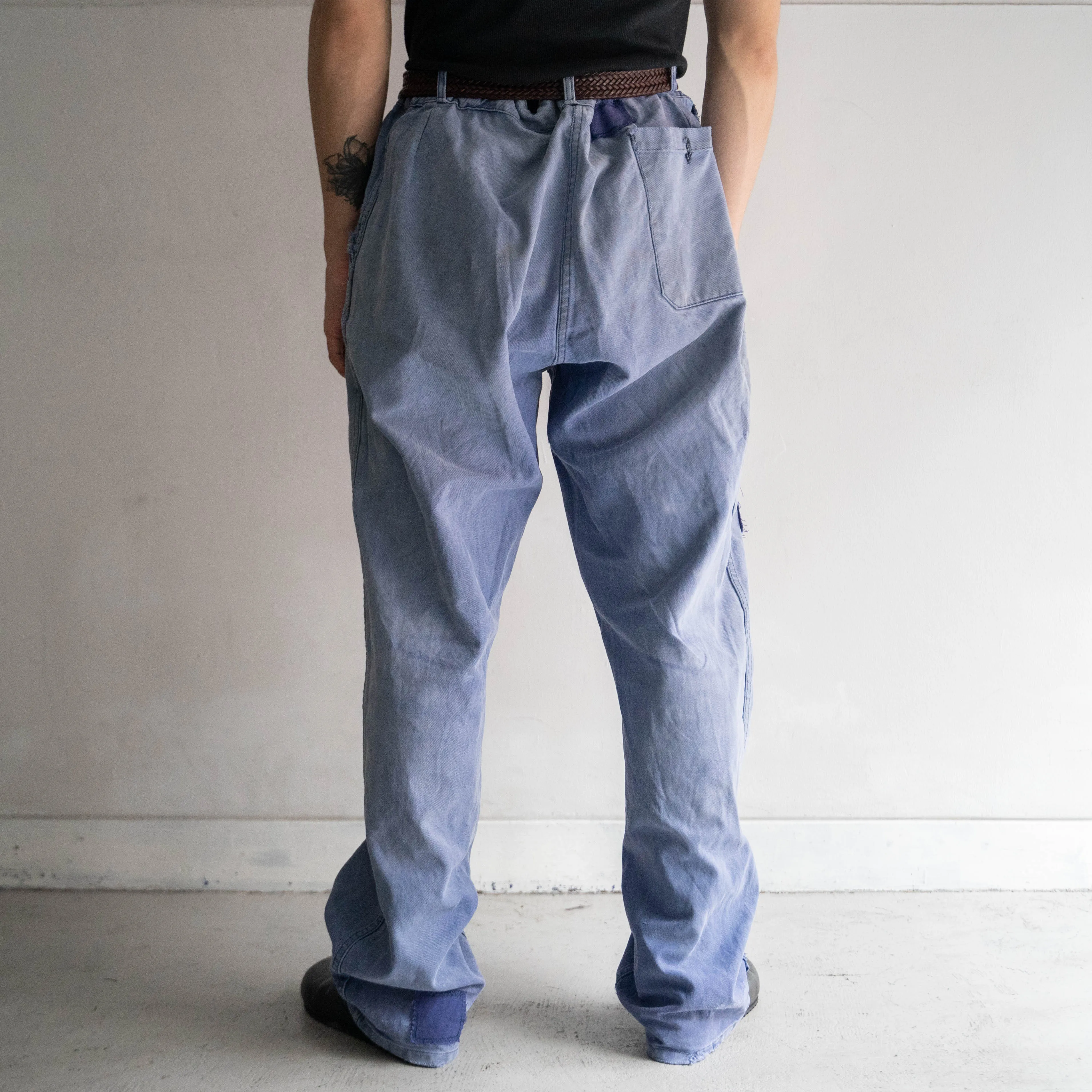 1950-60s French blue cotton twill pants -good fade & patch-