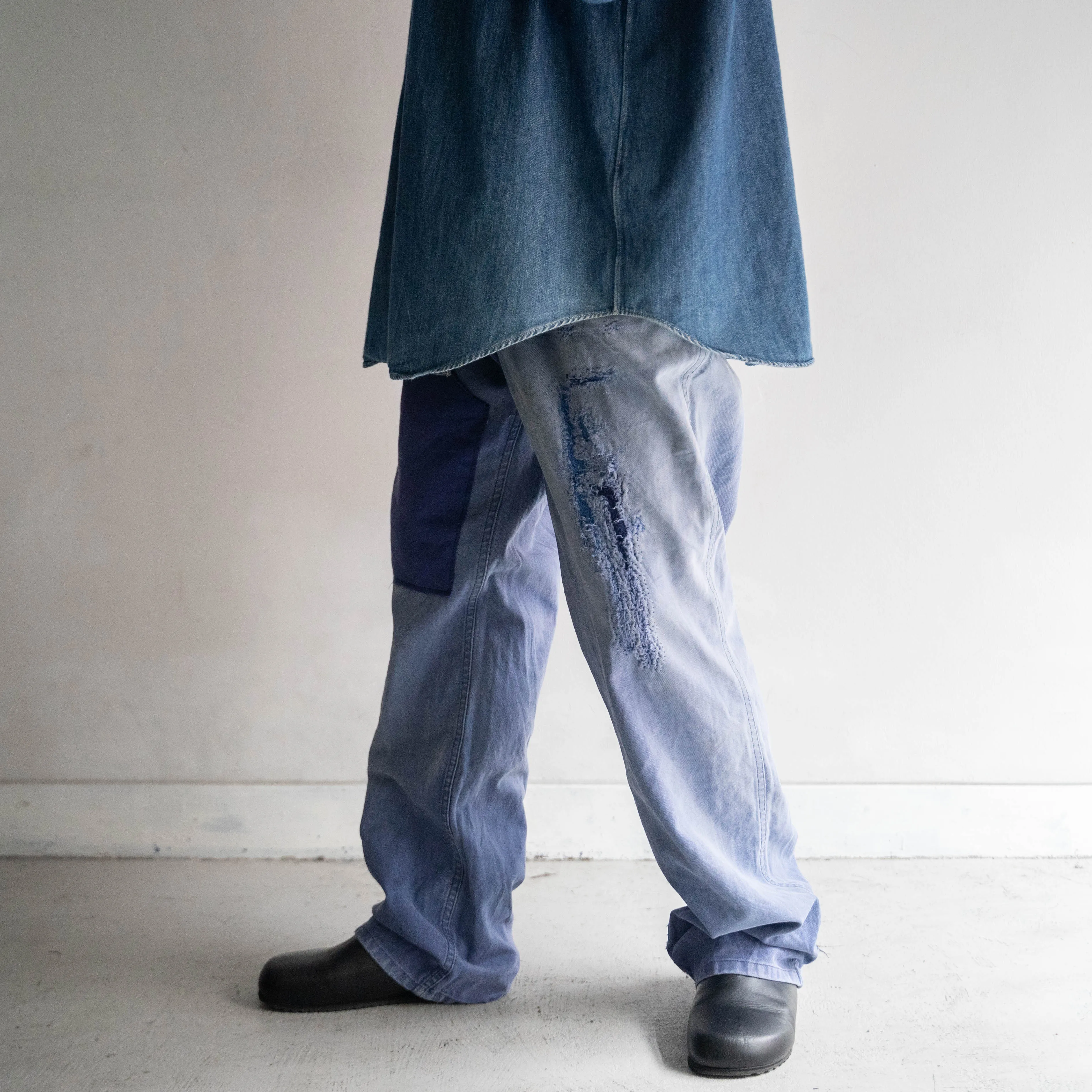 1950-60s French blue cotton twill pants -good fade & patch-