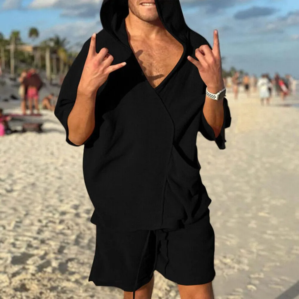 2-Piece Set: Men's Hooded Tracksuit Tennis Shirt Shorts and T Shirt Set Plain