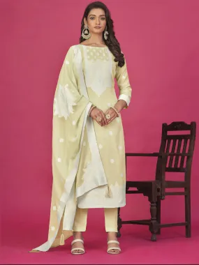 Beige Designer Readymade Organza Pant Suit With Wevon Design Baadla Work