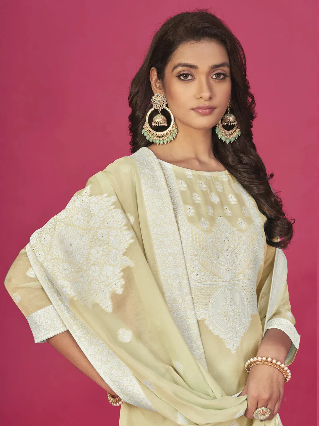Beige Designer Readymade Organza Pant Suit With Wevon Design Baadla Work