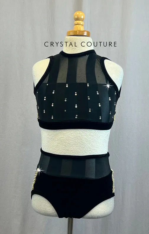 Black Striped Mesh and Velvet Crop Top and Briefs with Rhinestones