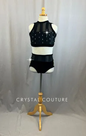 Black Striped Mesh and Velvet Crop Top and Briefs with Rhinestones