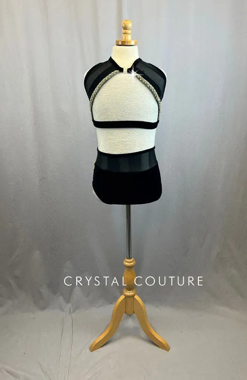 Black Striped Mesh and Velvet Crop Top and Briefs with Rhinestones