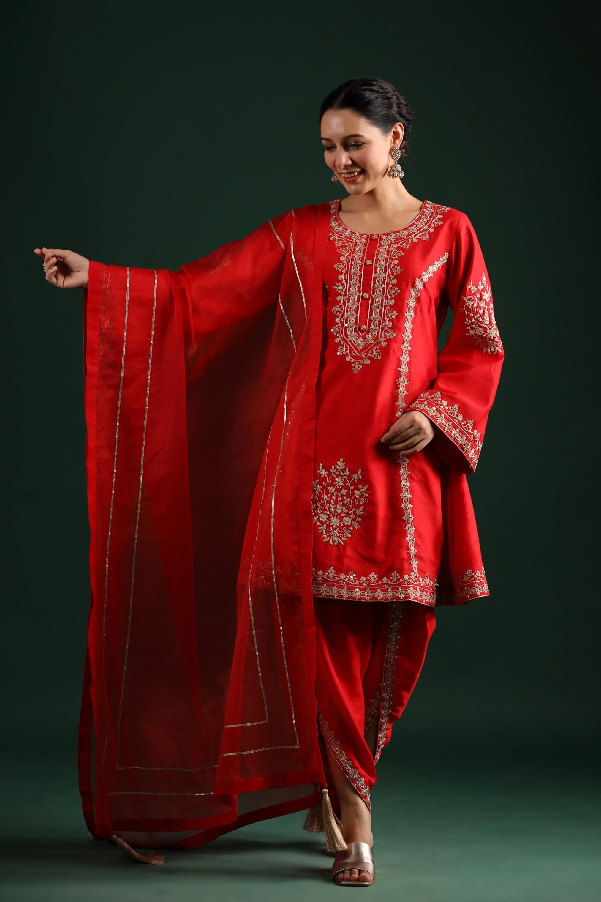 Bright Red Embellished Raw Silk Dhoti Pants Set
