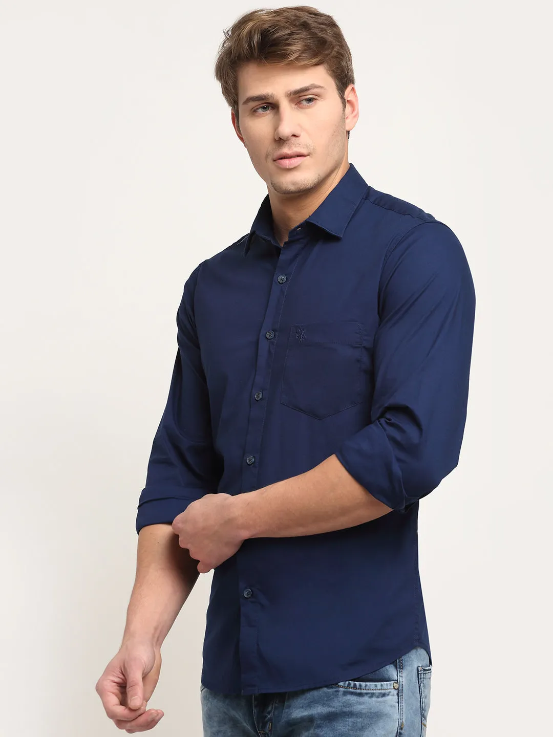 Cantabil Cotton Blend Solid Blue Full Sleeve Casual Shirt for Men with Pocket