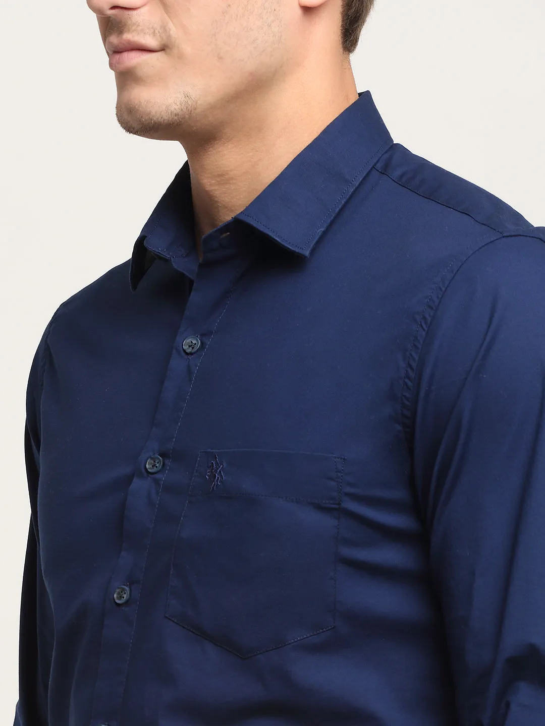 Cantabil Cotton Blend Solid Blue Full Sleeve Casual Shirt for Men with Pocket