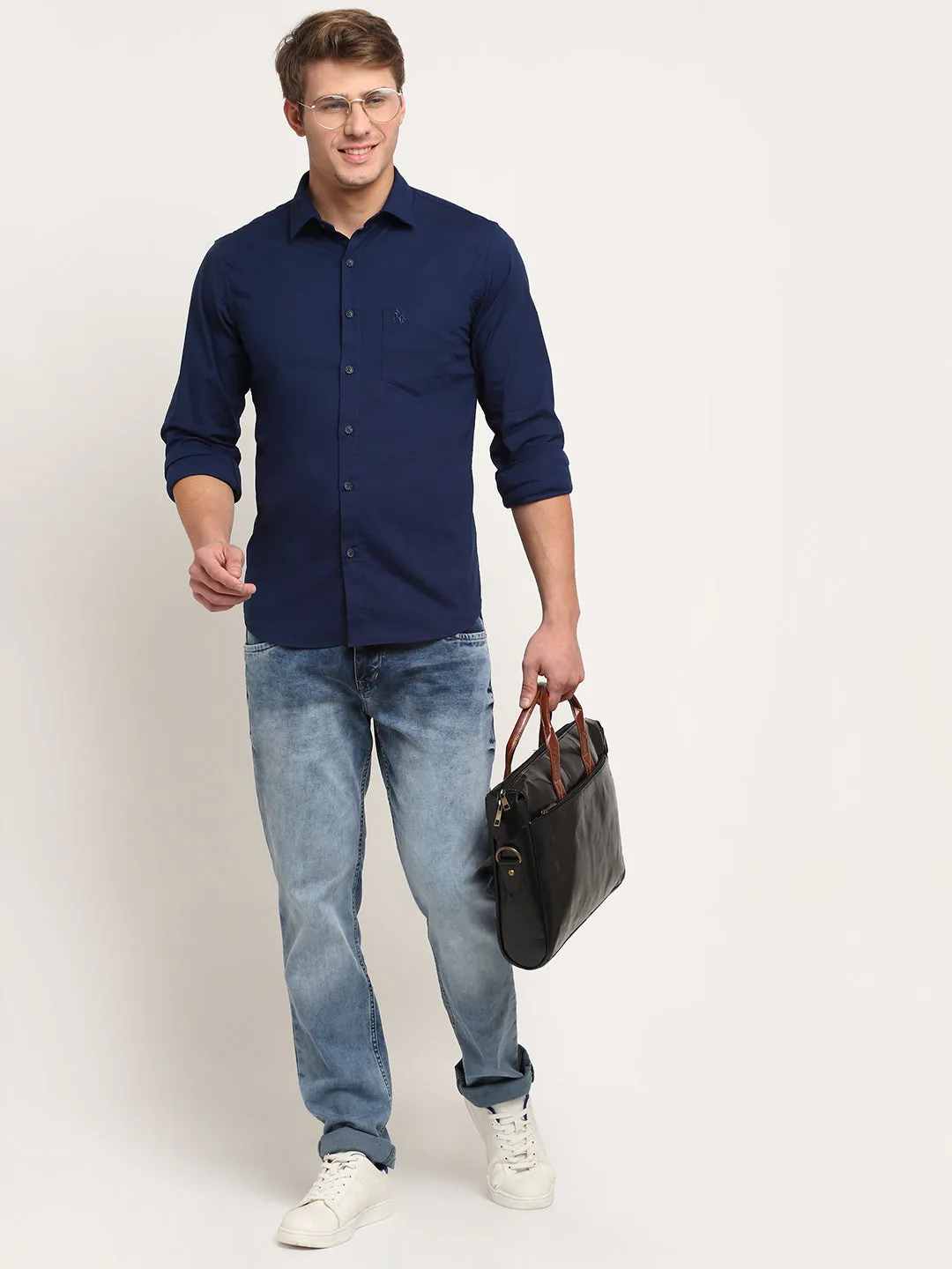 Cantabil Cotton Blend Solid Blue Full Sleeve Casual Shirt for Men with Pocket