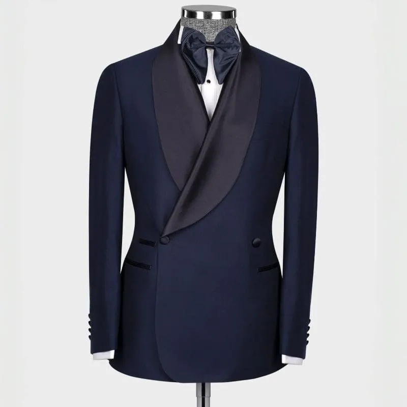 Chic Navy Blue Shawl Lapel Double Breasted Slim Fit Wedding Suits Formal Business Suit Wedding Groom Prom Tuxedo Dinner Party
