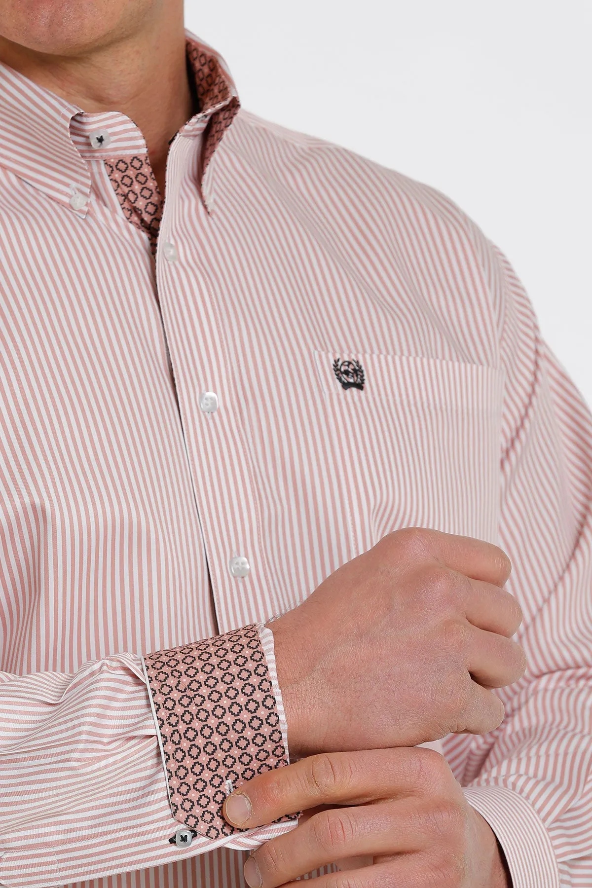 Cinch Men's Pink & White Stripe Button Down Long Sleeve Shirt