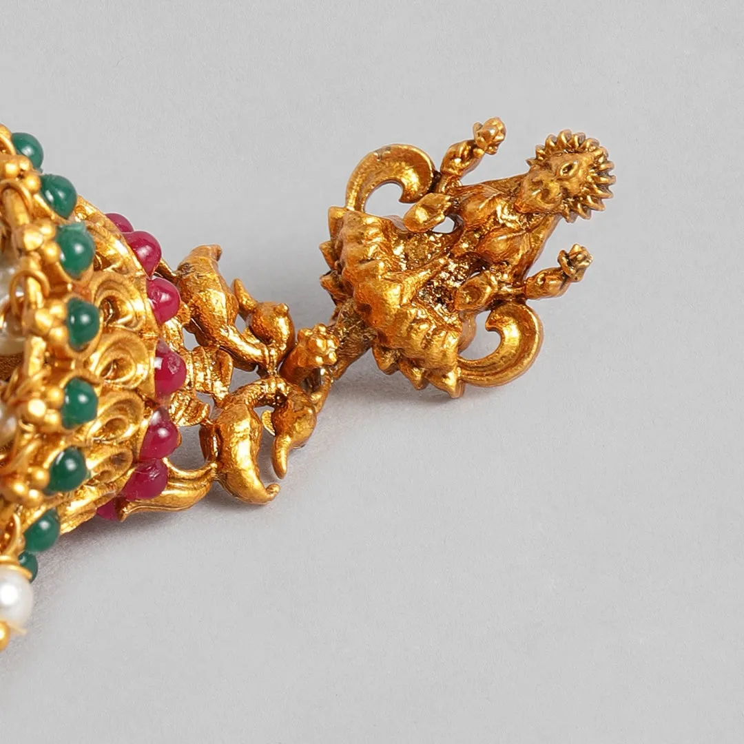 Estele Gold Plated Divinely Crafted Lakshmi Ji Matt Finish Temple Necklace Set with Colored Stones and Pearls for Women