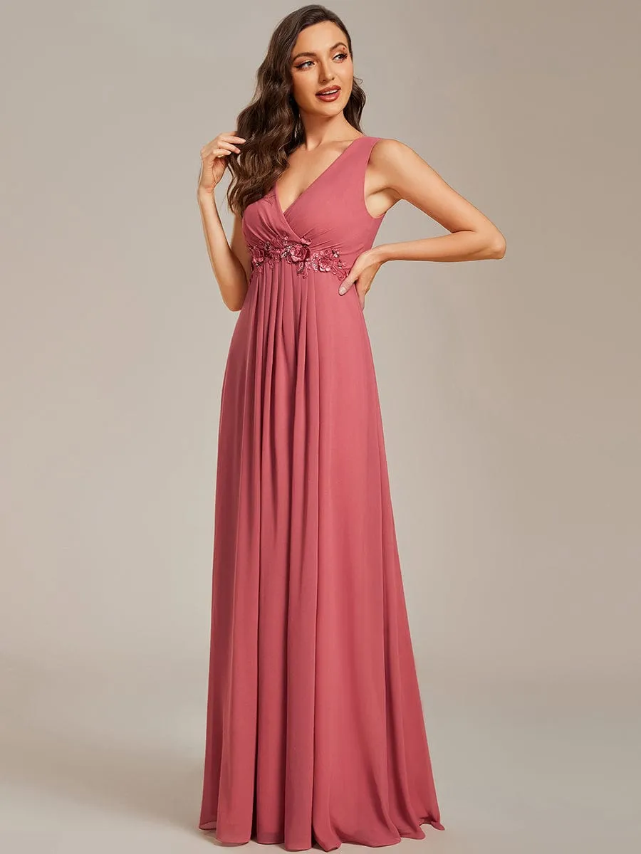 Floral Applique Sleeveless Chiffon Long Formal Evening Dress