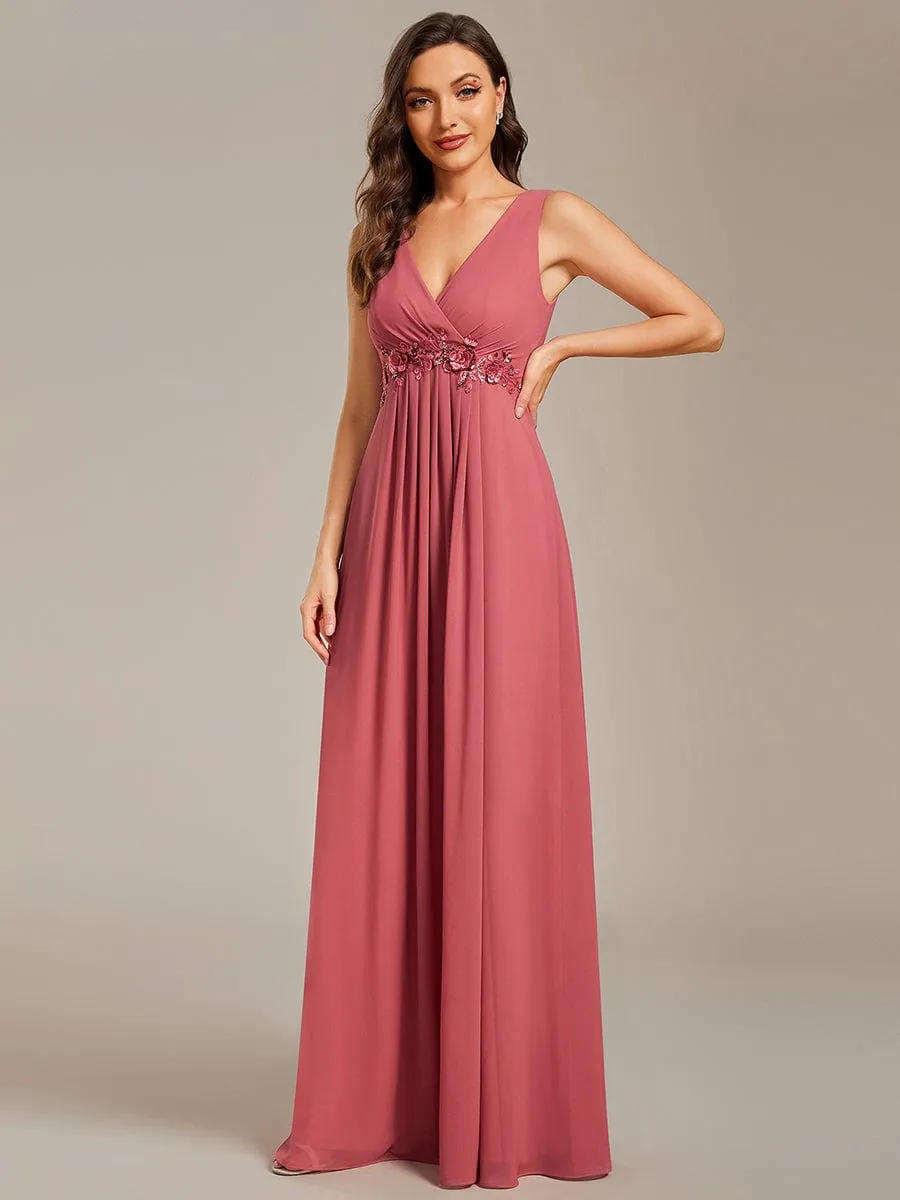 Floral Applique Sleeveless Chiffon Long Formal Evening Dress