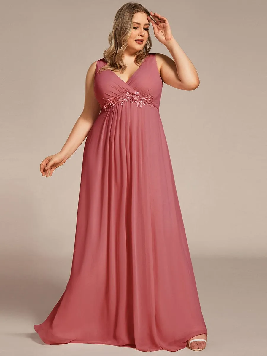Floral Applique Sleeveless Chiffon Long Formal Evening Dress