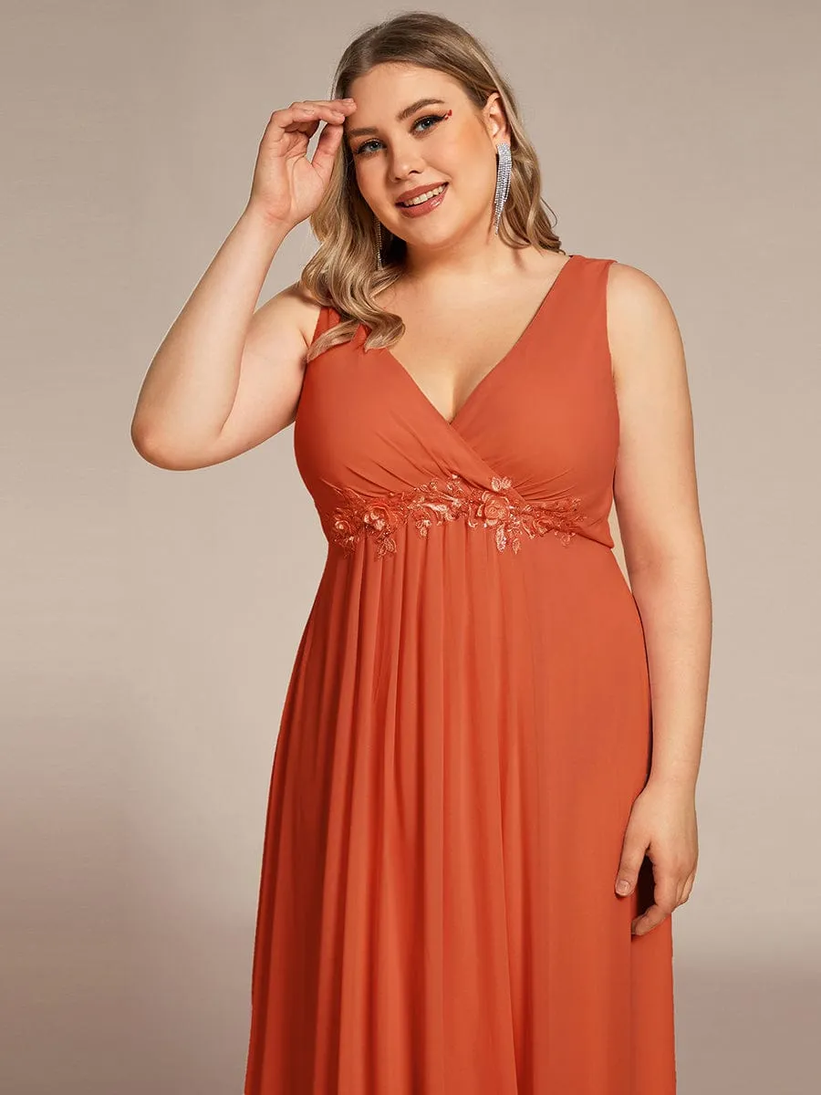 Floral Applique Sleeveless Chiffon Long Formal Evening Dress