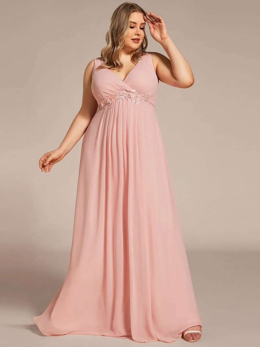 Floral Applique Sleeveless Chiffon Long Formal Evening Dress