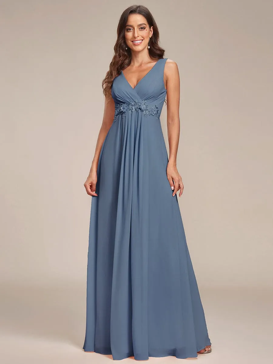 Floral Applique Sleeveless Chiffon Long Formal Evening Dress