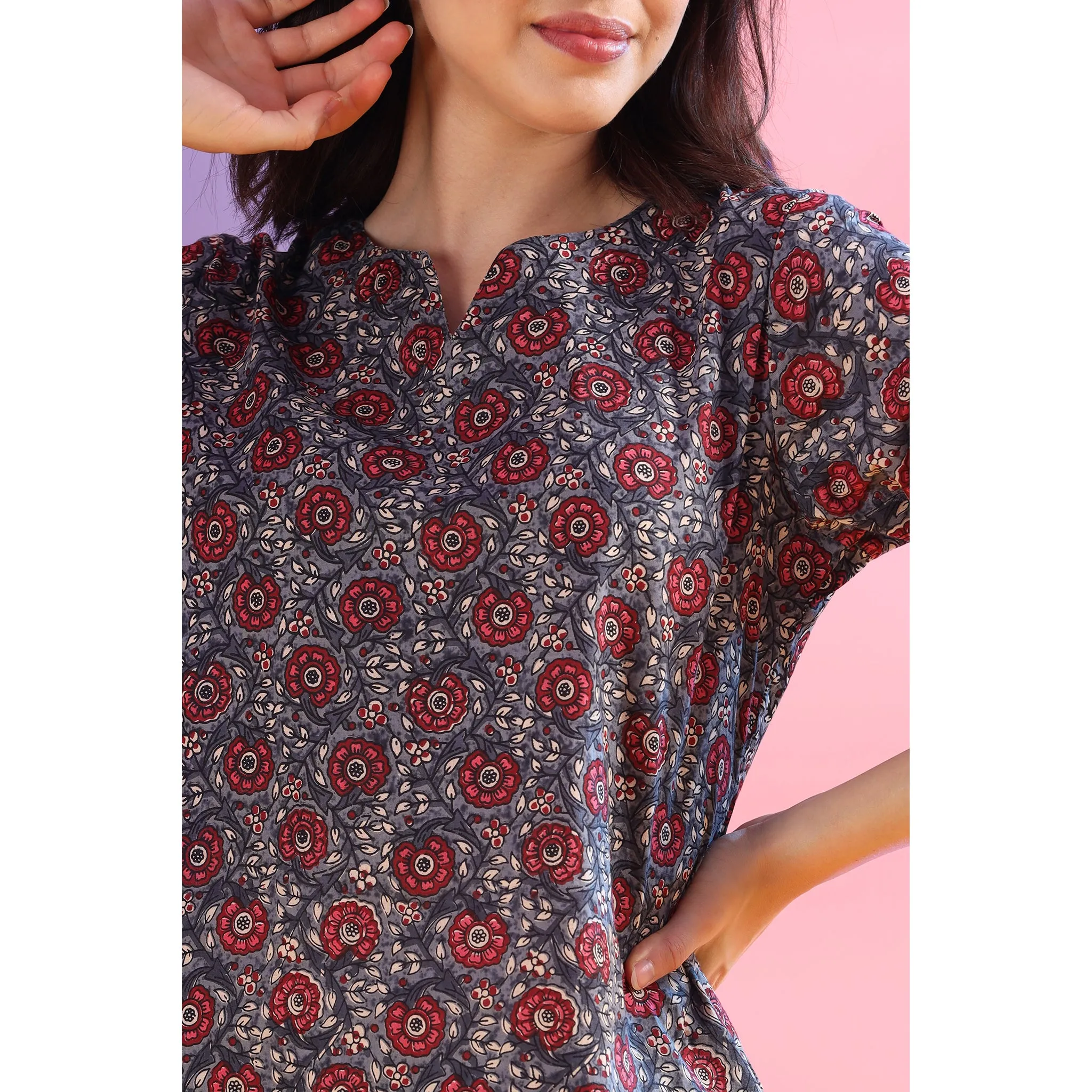 Flower Patterned with Contrast Stripes on Grey Loungewear Set