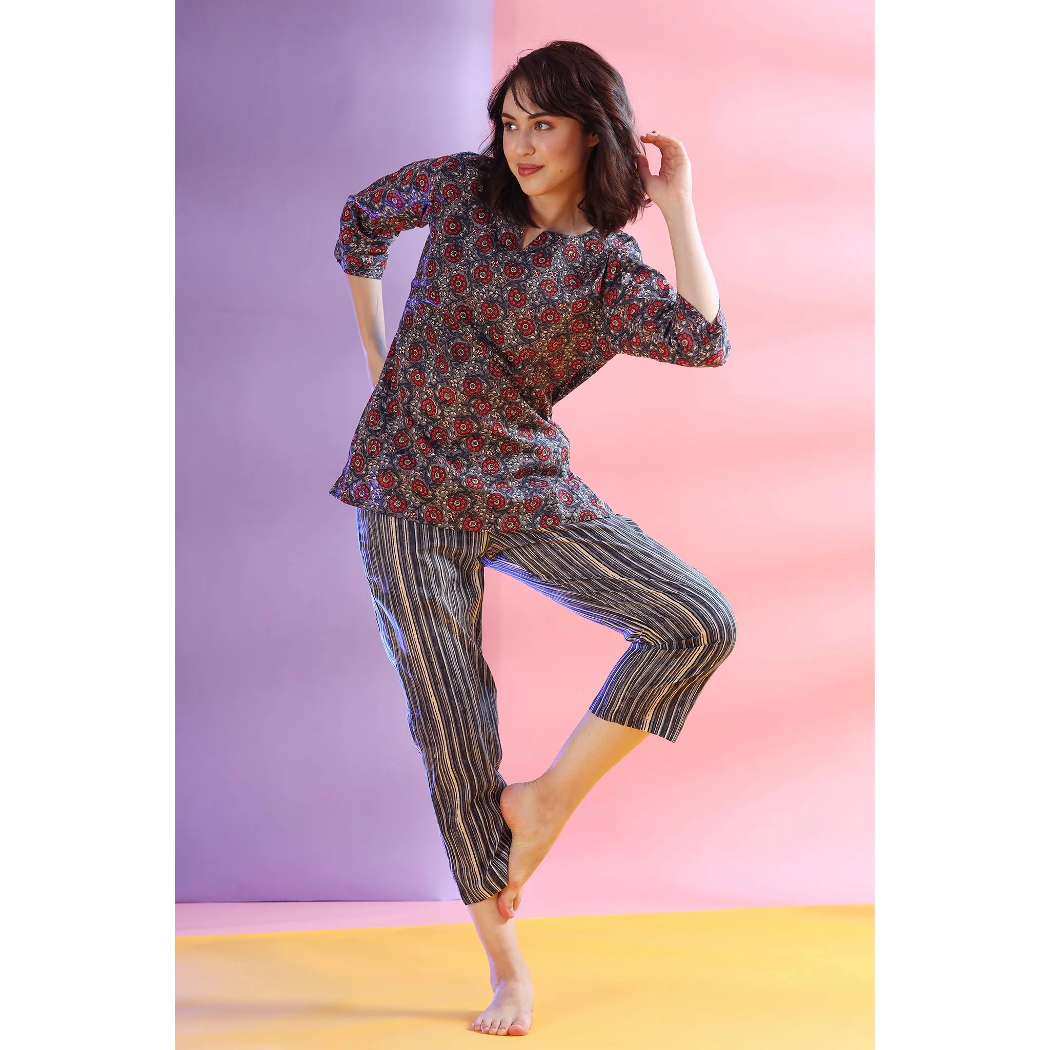 Flower Patterned with Contrast Stripes on Grey Loungewear Set