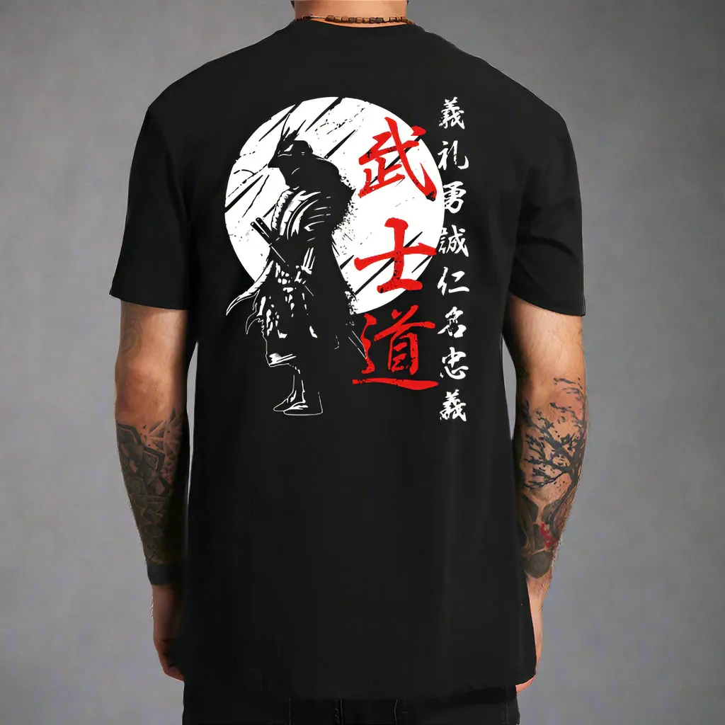 Japan Samurai Spirit T Shirts for Men Japanese Style Back Print Loose Oversized 100% Cotton Tops T-Shirt Bushido Male Gifts Tee