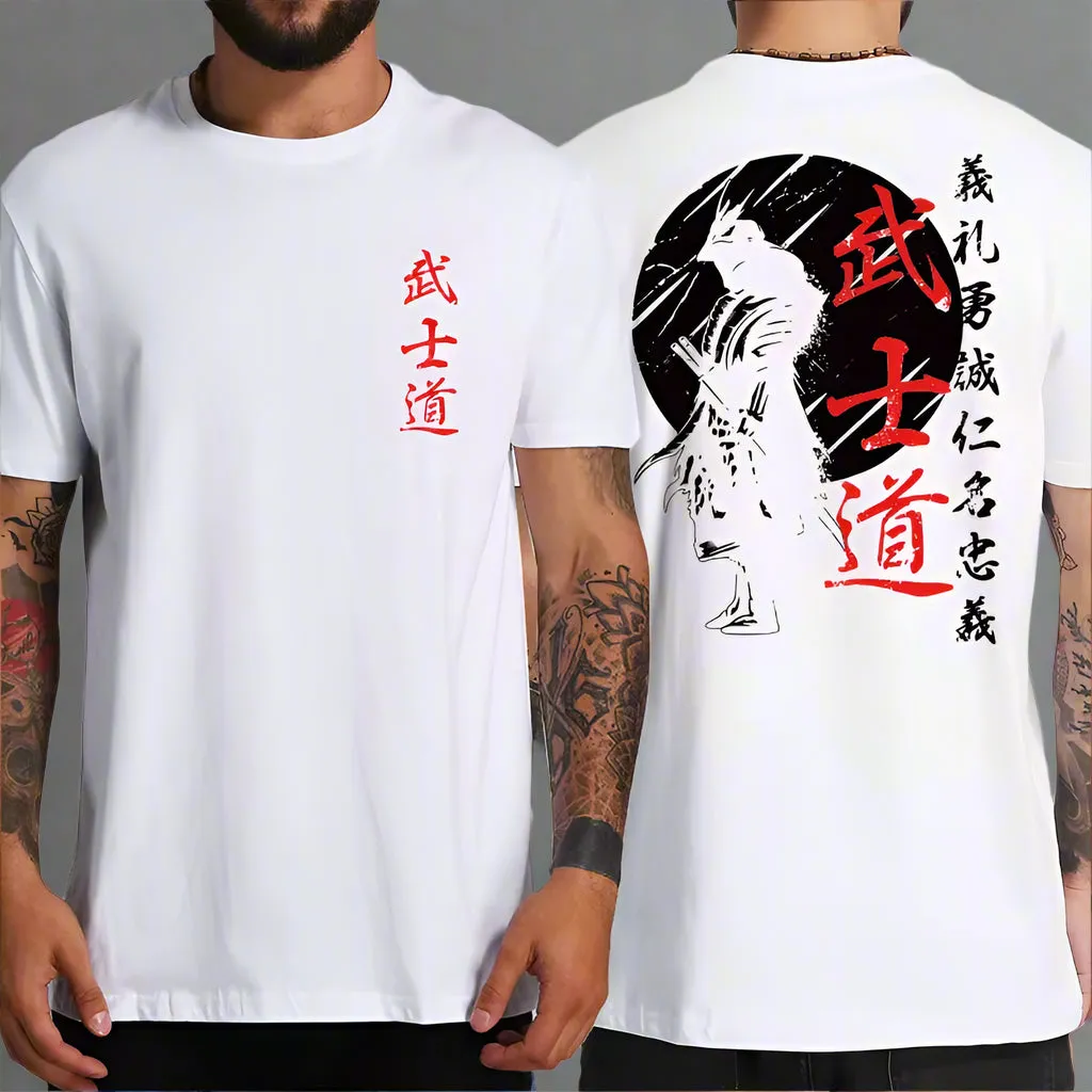 Japan Samurai Spirit T Shirts for Men Japanese Style Back Print Loose Oversized 100% Cotton Tops T-Shirt Bushido Male Gifts Tee