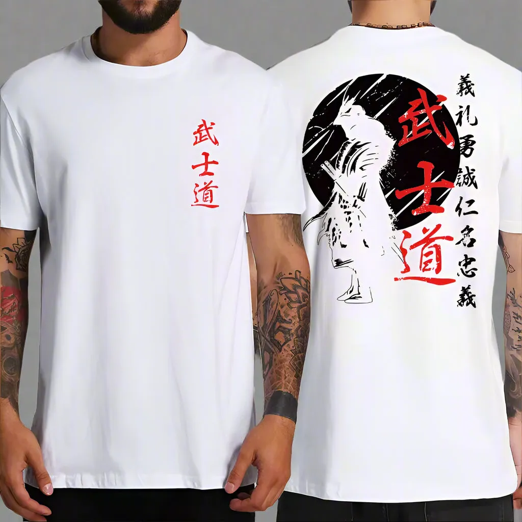 Japan Samurai Spirit T Shirts for Men Japanese Style Back Print Loose Oversized 100% Cotton Tops T-Shirt Bushido Male Gifts Tee