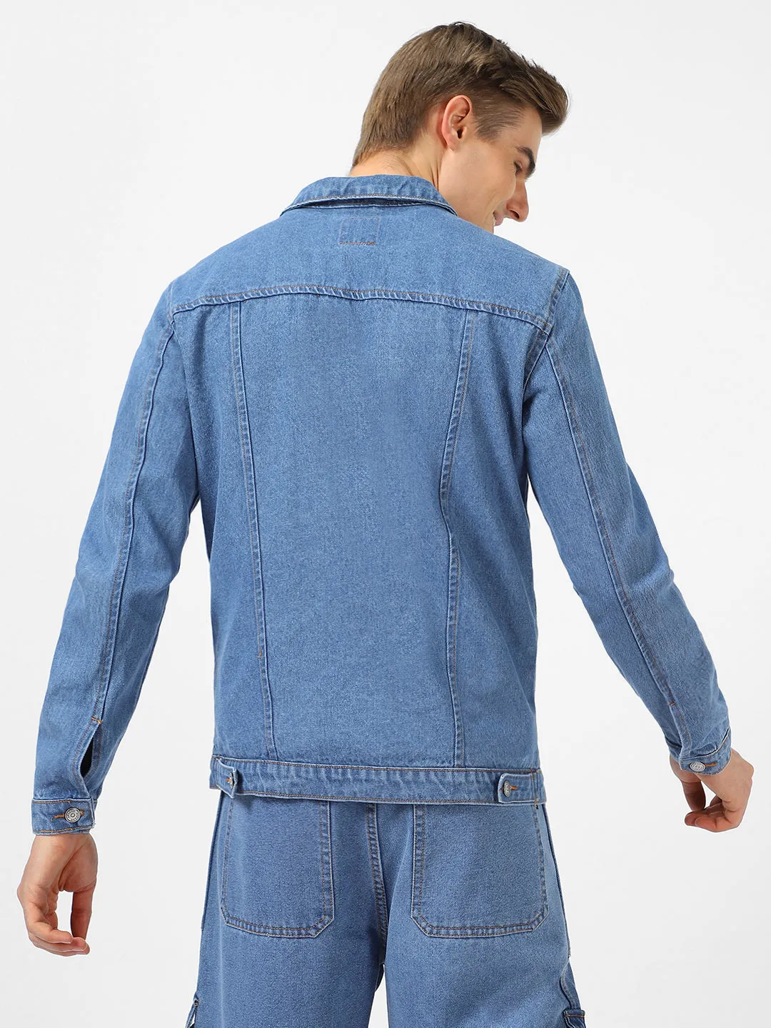 Men's Light Blue Regular Fit Washed Full Sleeve Denim Jacket