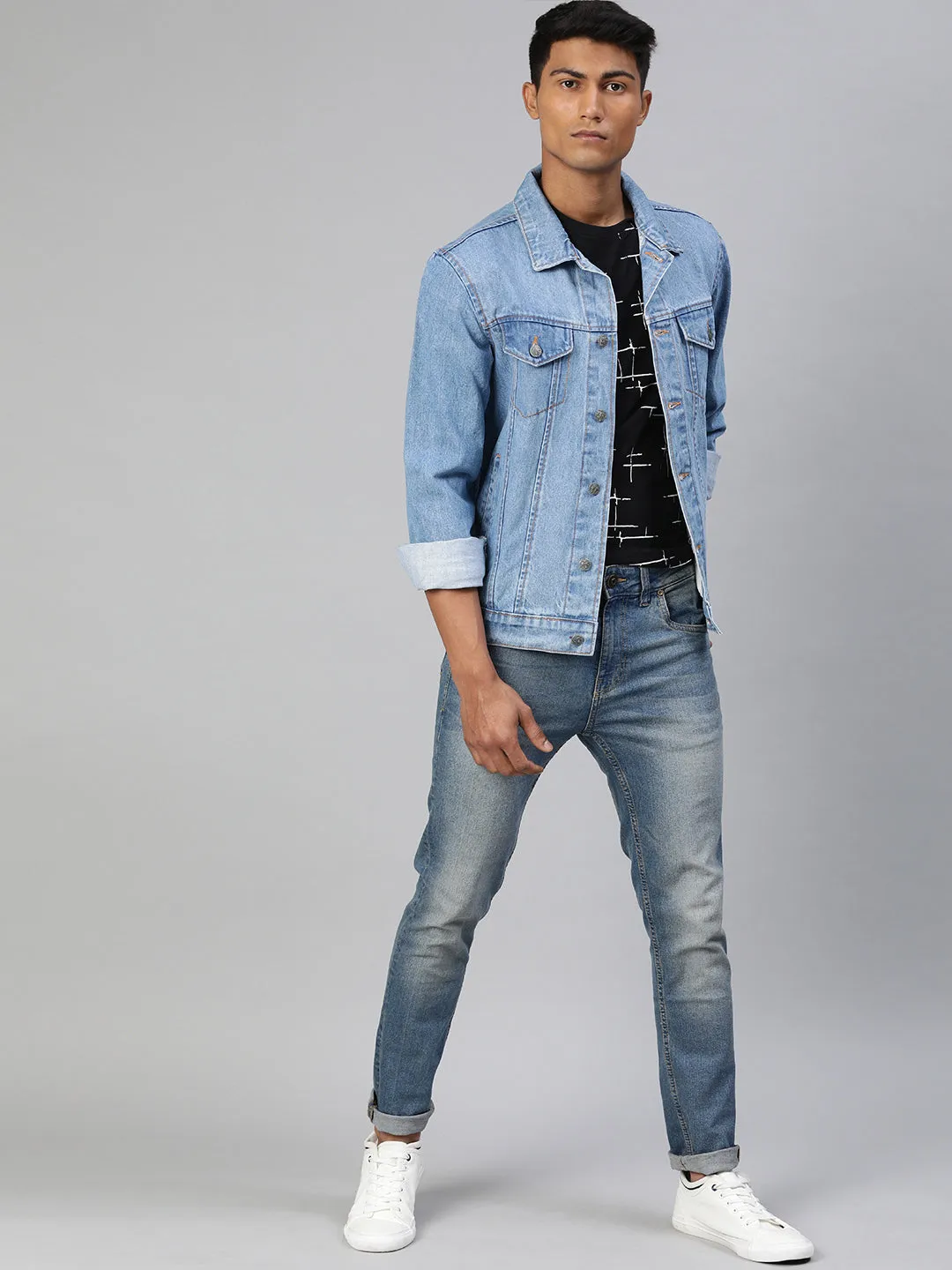 Men's Light Blue Regular Fit Washed Full Sleeve Denim Jacket