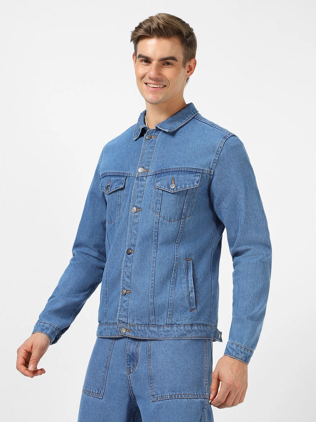 Men's Light Blue Regular Fit Washed Full Sleeve Denim Jacket