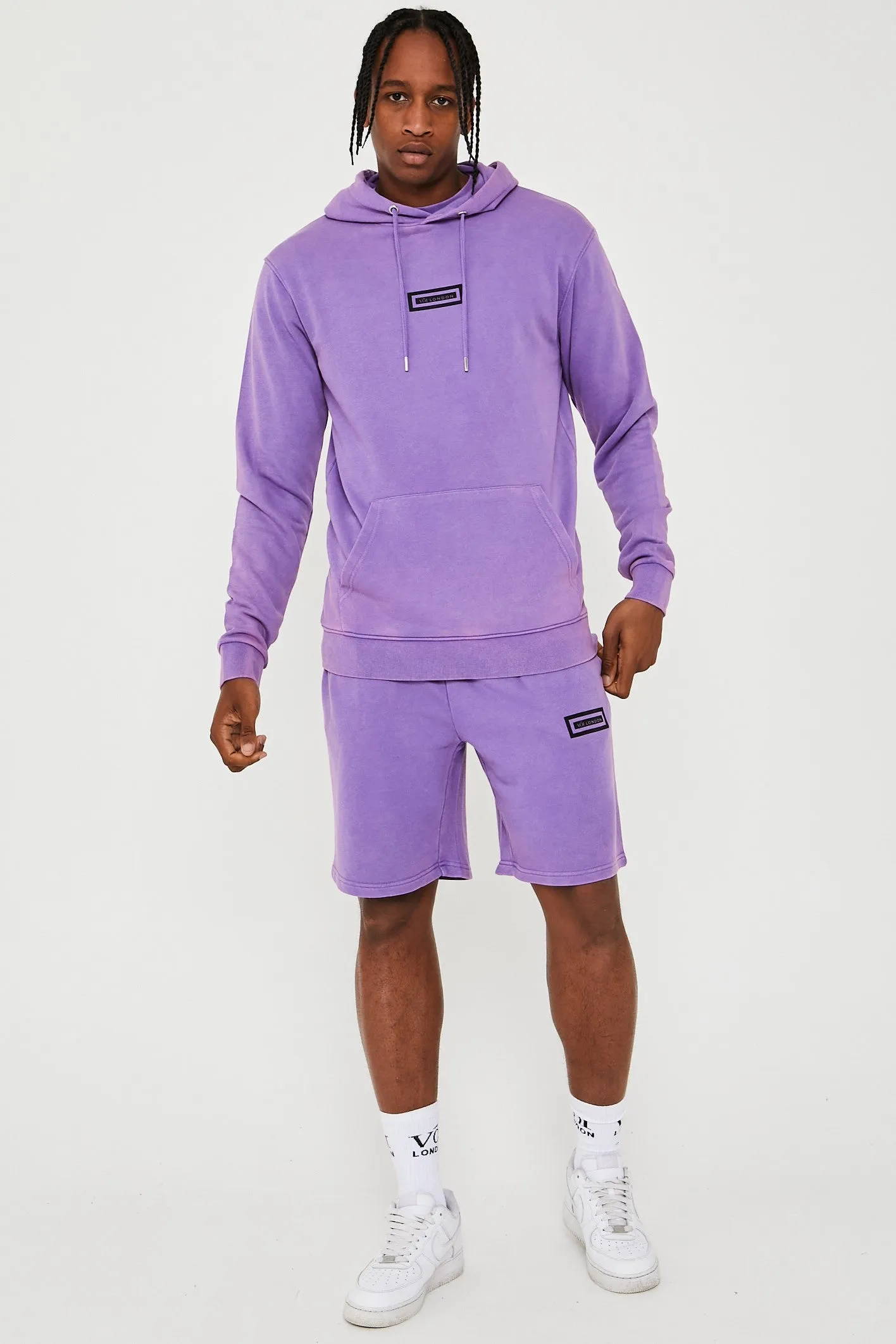 Orton Street Acid Wash Hoodie, T-Shirt & Shorts Set - Purple