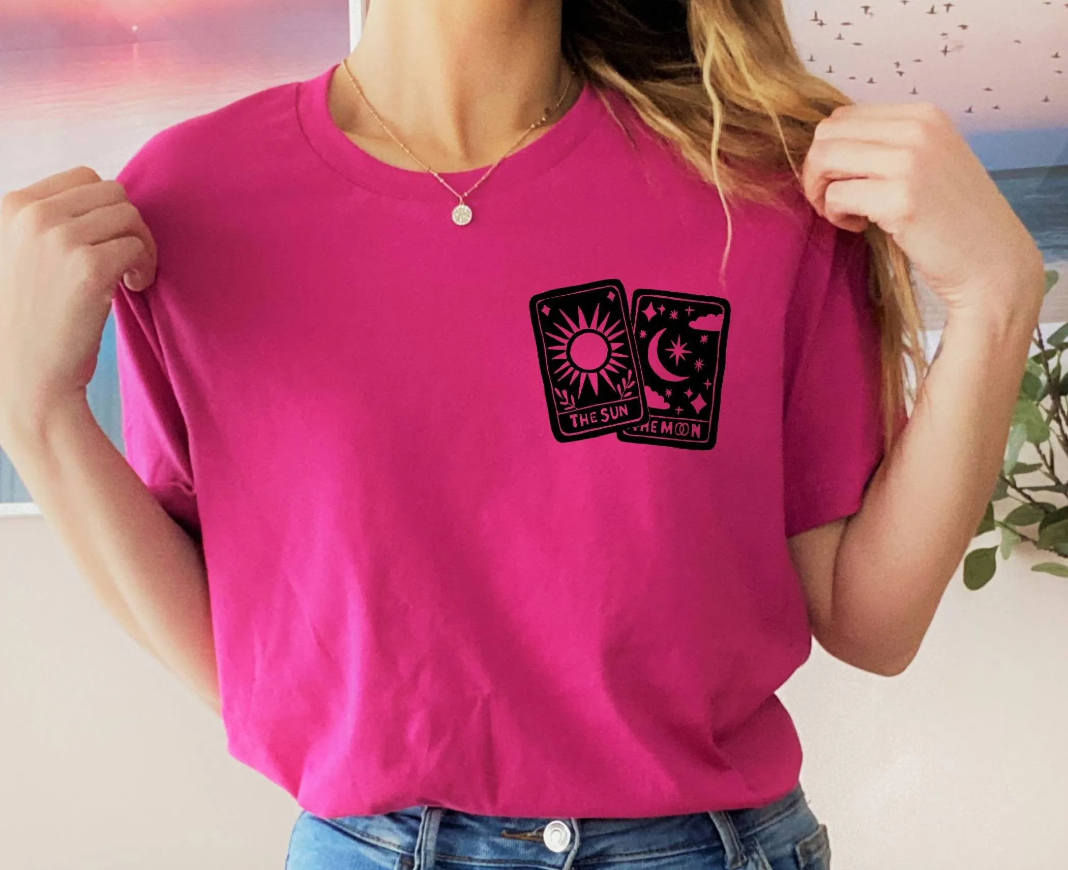 Tarot card t-shirt, hand printed UNISEX oracle tshirt, sun and moon block print tee, minimalist fashion, unique clothing, ethical fashion