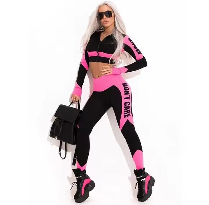 Women's Fashion Long Sleeves Zipper Tops and Letters Printed Leggings  85457